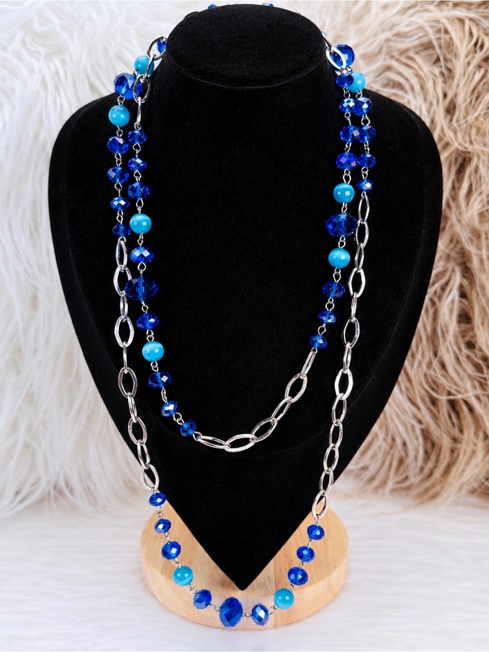 Silvertone Blue reflective Beaded long layering Necklace